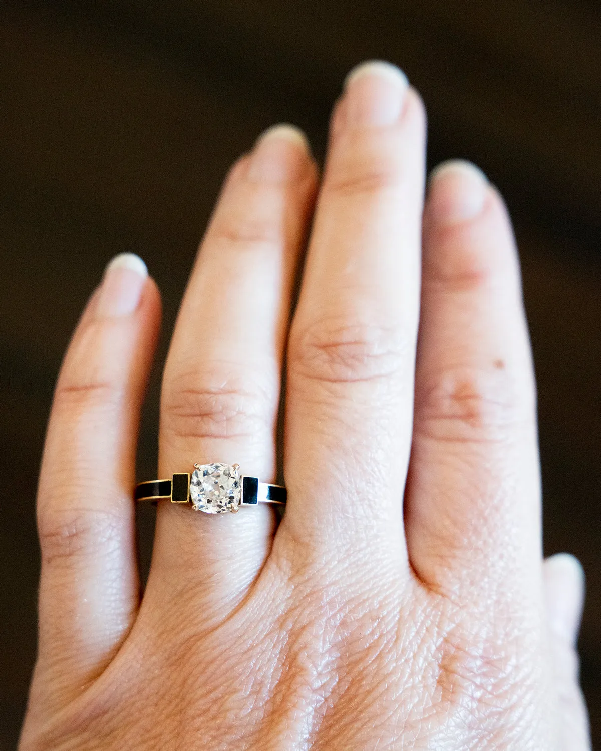 Bell & Bird Old Mine Cut Diamond Ring with Black Enamel