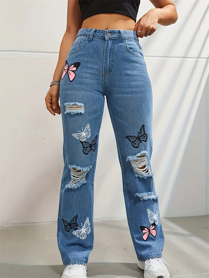 Chic Butterfly Print Ripped Blue Jeans for Women