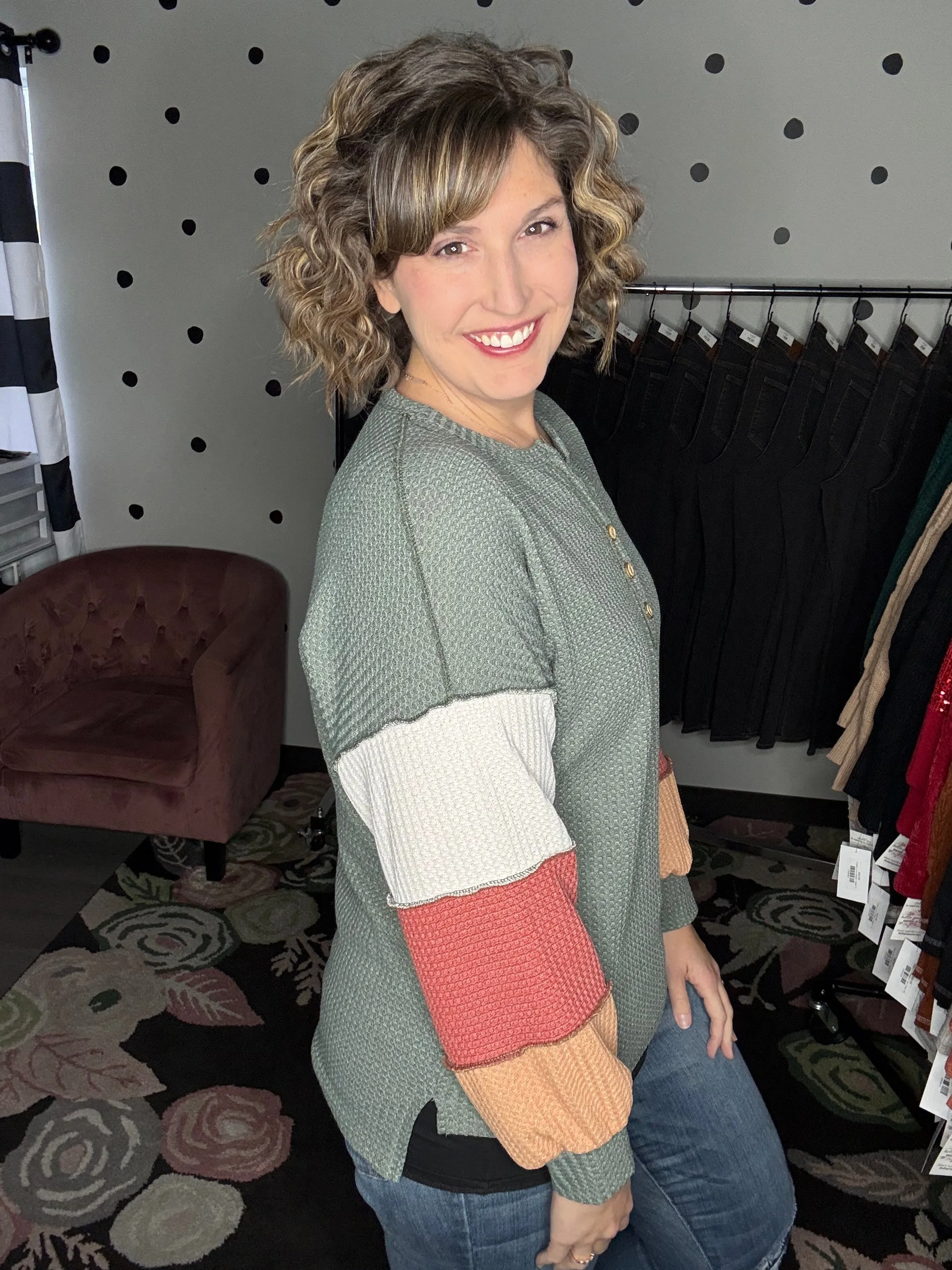 Color Block Waffle Knit Henley