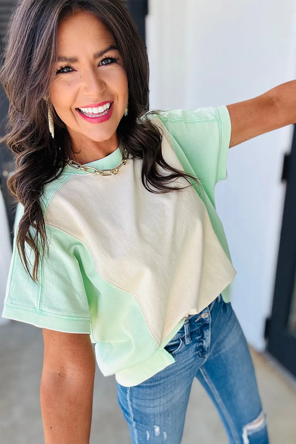 Light Green Color Block Exposed Seam Crew Neck T Shirt