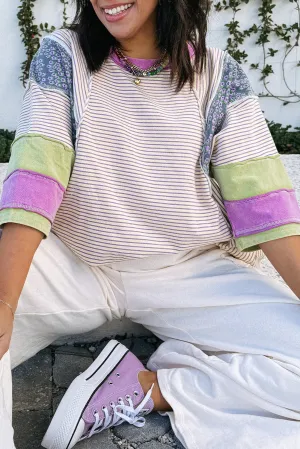 Purple Stripe Floral Color Block Raw Edge Patchwork Bracelet Sleeve Blouse