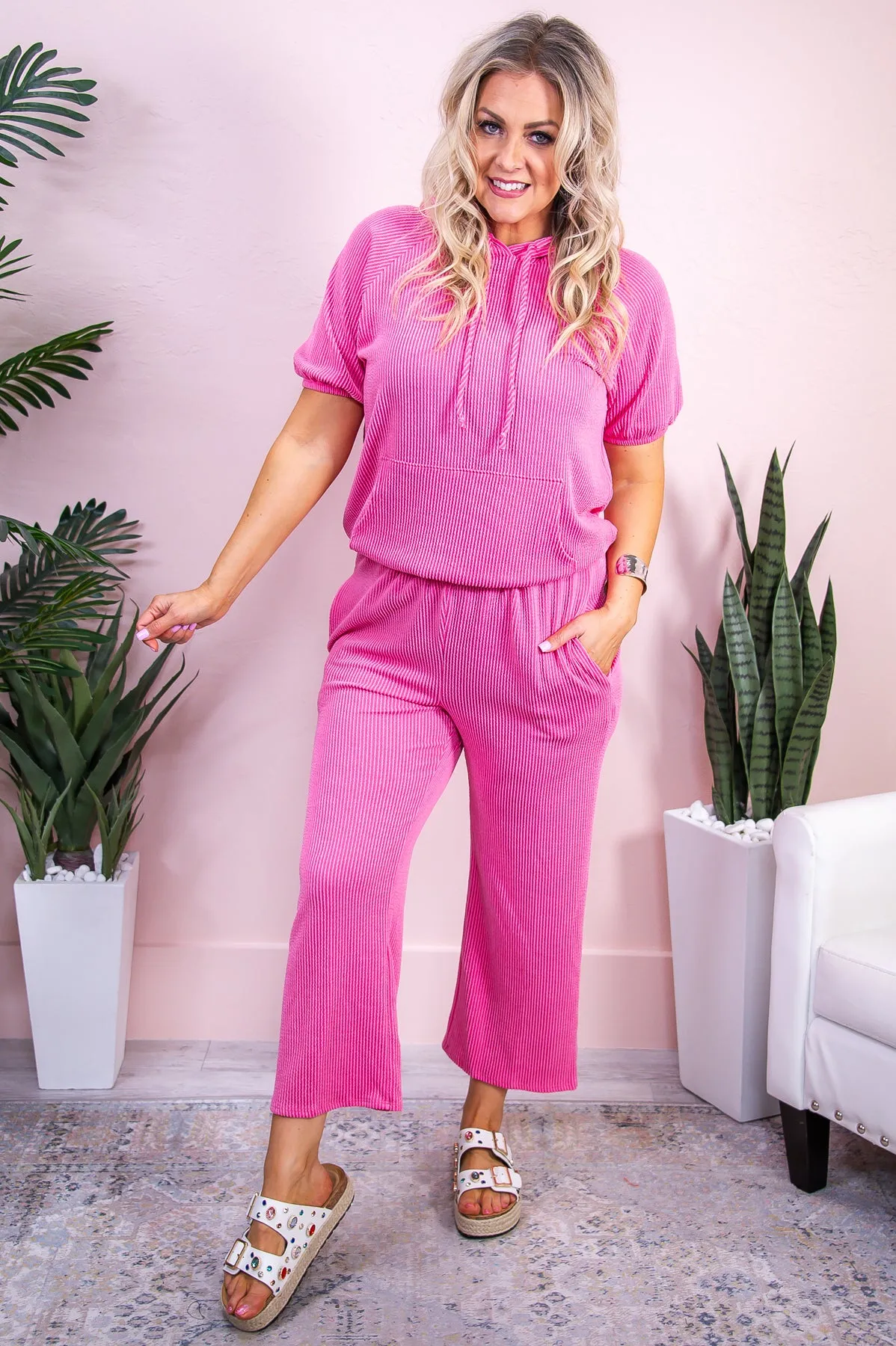 Urban Chic Hot Pink Solid Ribbed Pants -PNT1584HPK