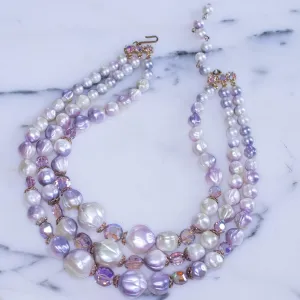 Vintage Amethyst Bead and Crystal Triple Strand Bead Necklace