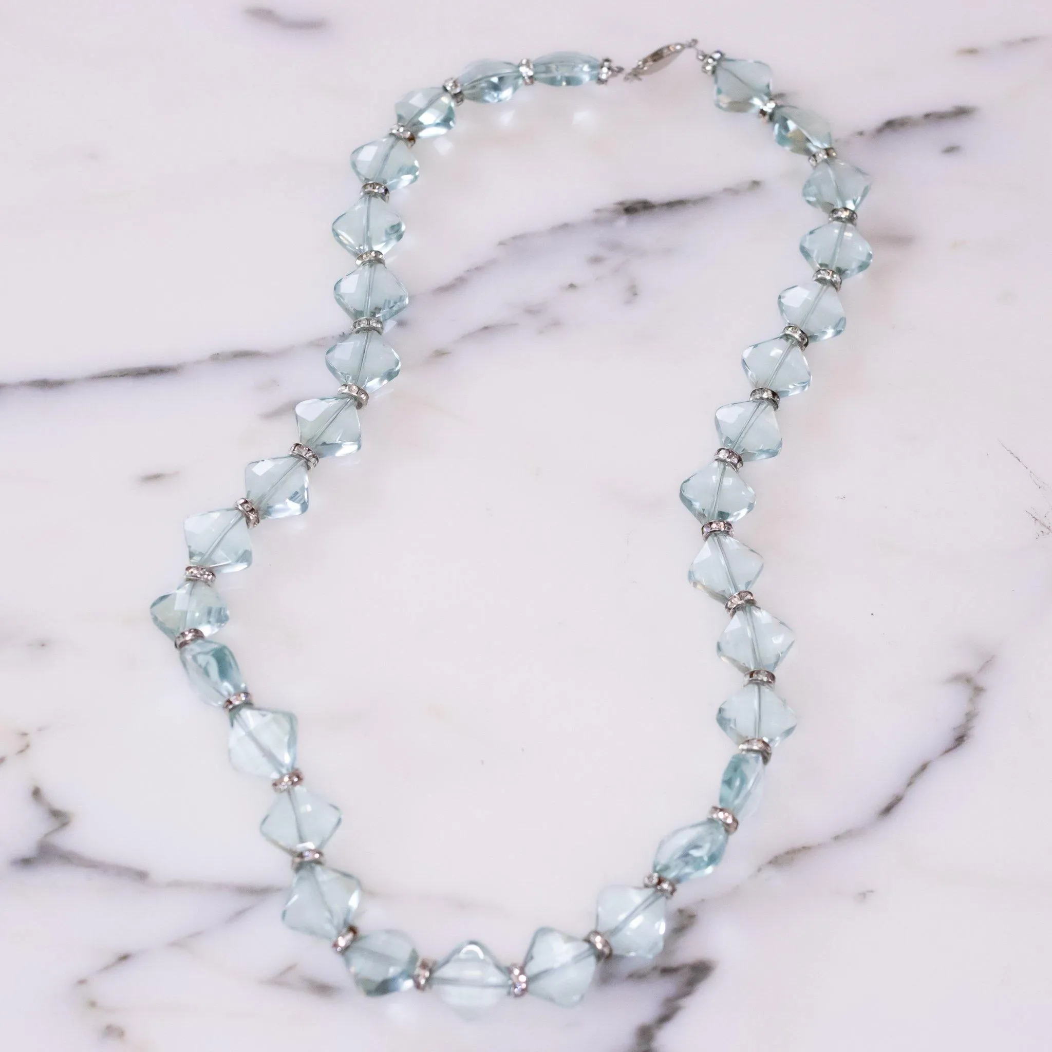 Vintage Art Deco Era Blue Diamond Shape Faceted Crystal Bead with Rhinestone Rondelles